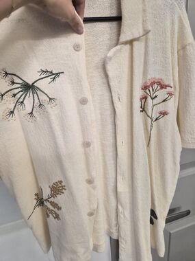 Truth Cream Embroidered Button-Up Top with Pink & Green Floral Accents